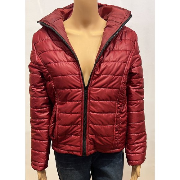 Womens Hooded Puffer Jacket--Burgundy - Picture 4 of 7